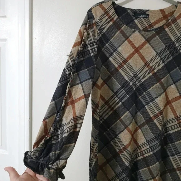 CHETTA B Bias Plaid 3/4 Sleeve Mini Knit Dress, Ruffle Details, Size M - Picture 7 of 15